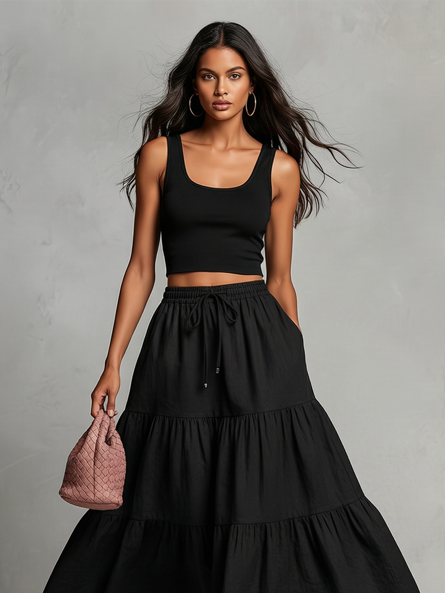 Women's Black Linen Two-Piece Set With Cropped Tank Top & Tiered Maxi Skirt, Timeless Casual-Resort Style Set