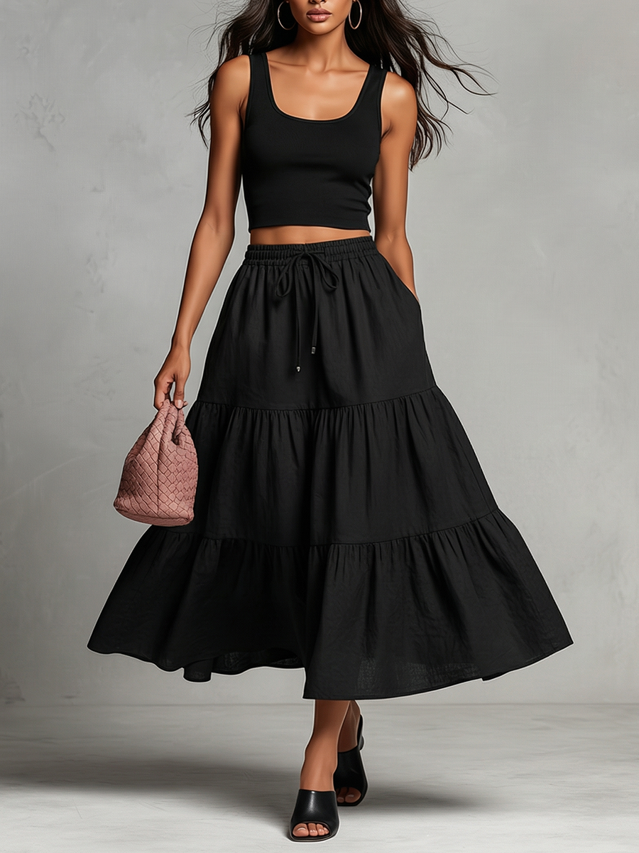 Women's Black Linen Two-Piece Set With Cropped Tank Top & Tiered Maxi Skirt, Timeless Casual-Resort Style Set