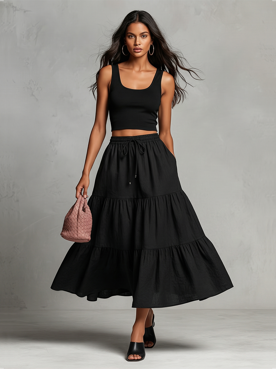 Women's Black Linen Two-Piece Set With Cropped Tank Top & Tiered Maxi Skirt, Timeless Casual-Resort Style Set