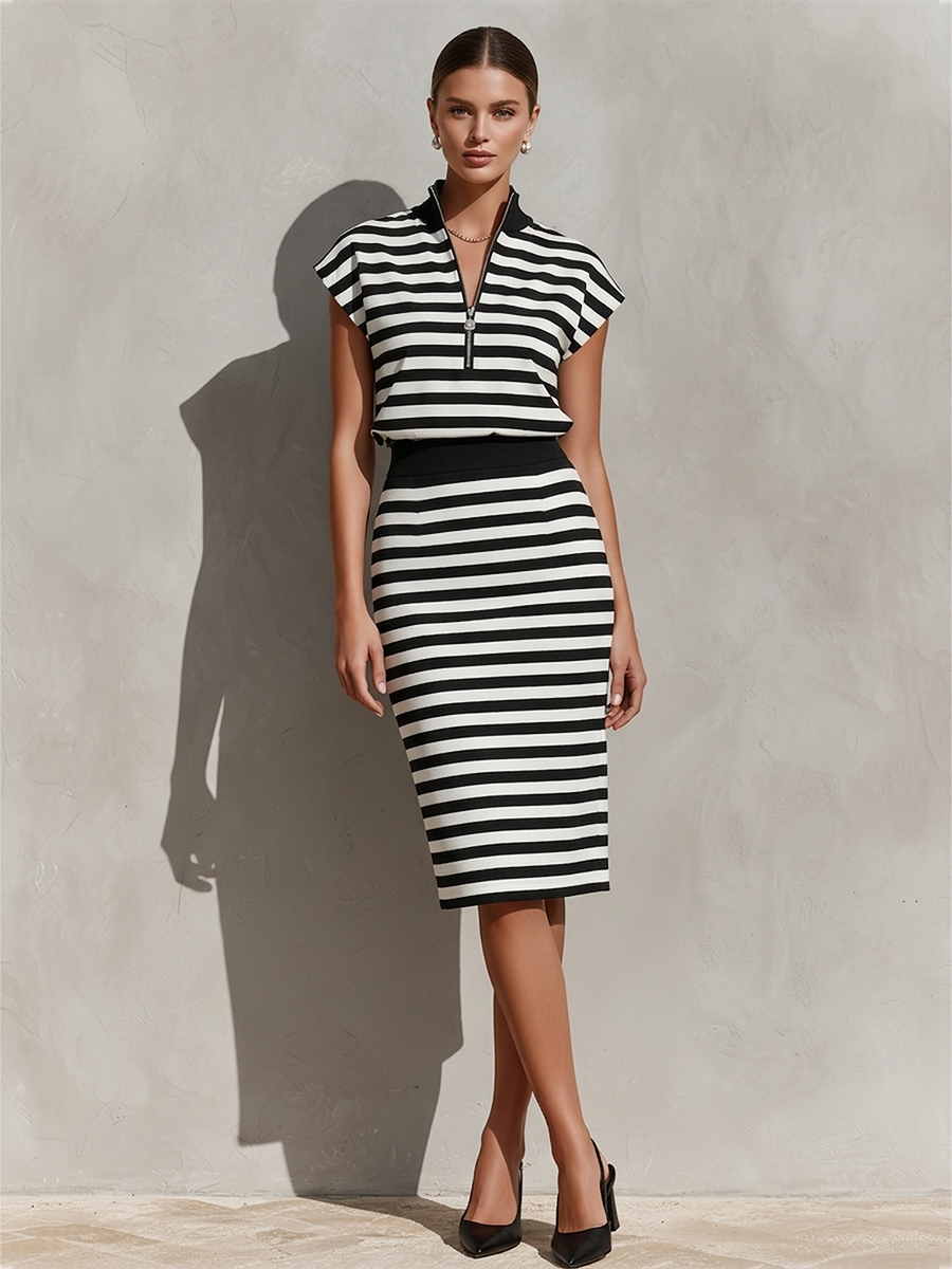Women's Black & White Striped Knit Two-Piece Set With Half-Zip Stand Collar & Fitted Pencil Skirt, Timeless Minimalist-Office Style Set