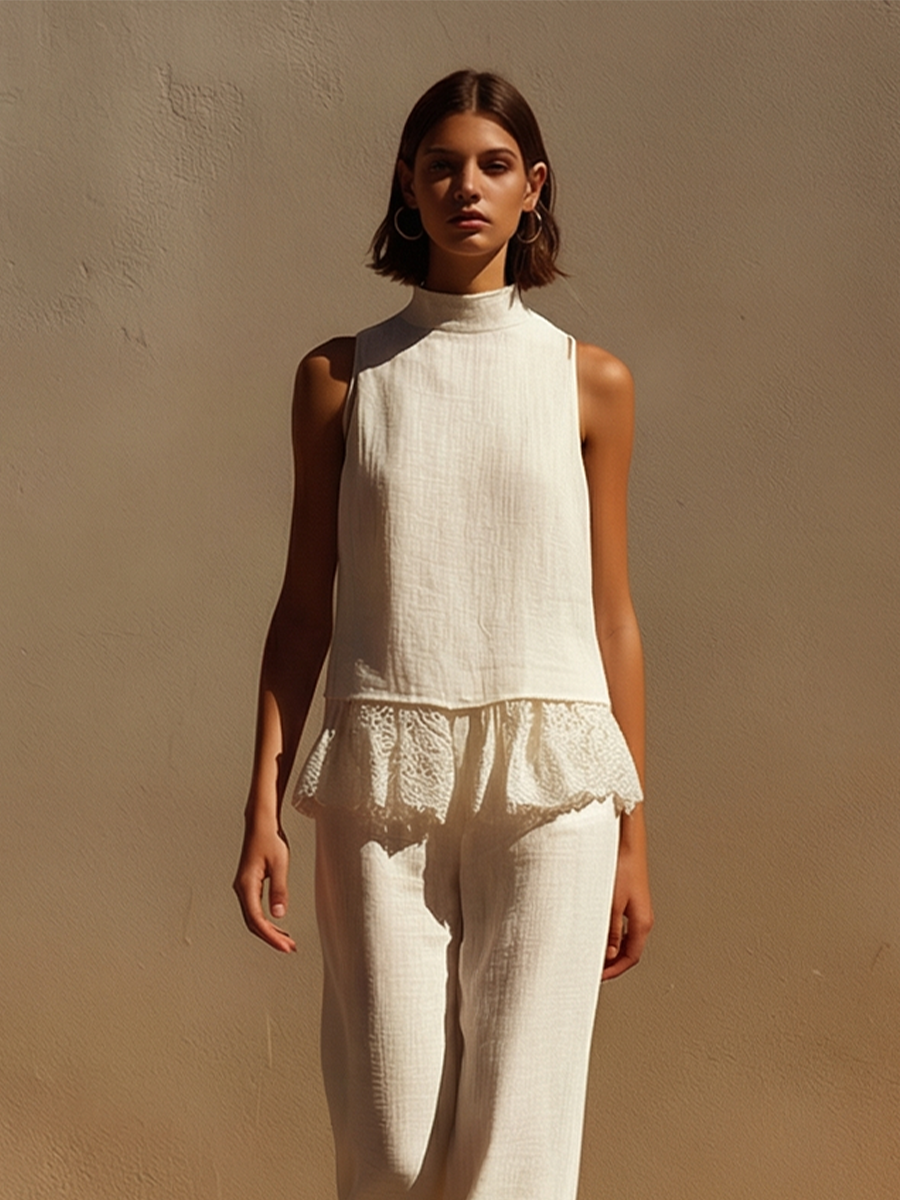 Women's Off-White Linen Two-Piece Set With High Neck Halter Top & Lace Trim Wide-Leg Pants, Timeless Boho-Resort Style Set