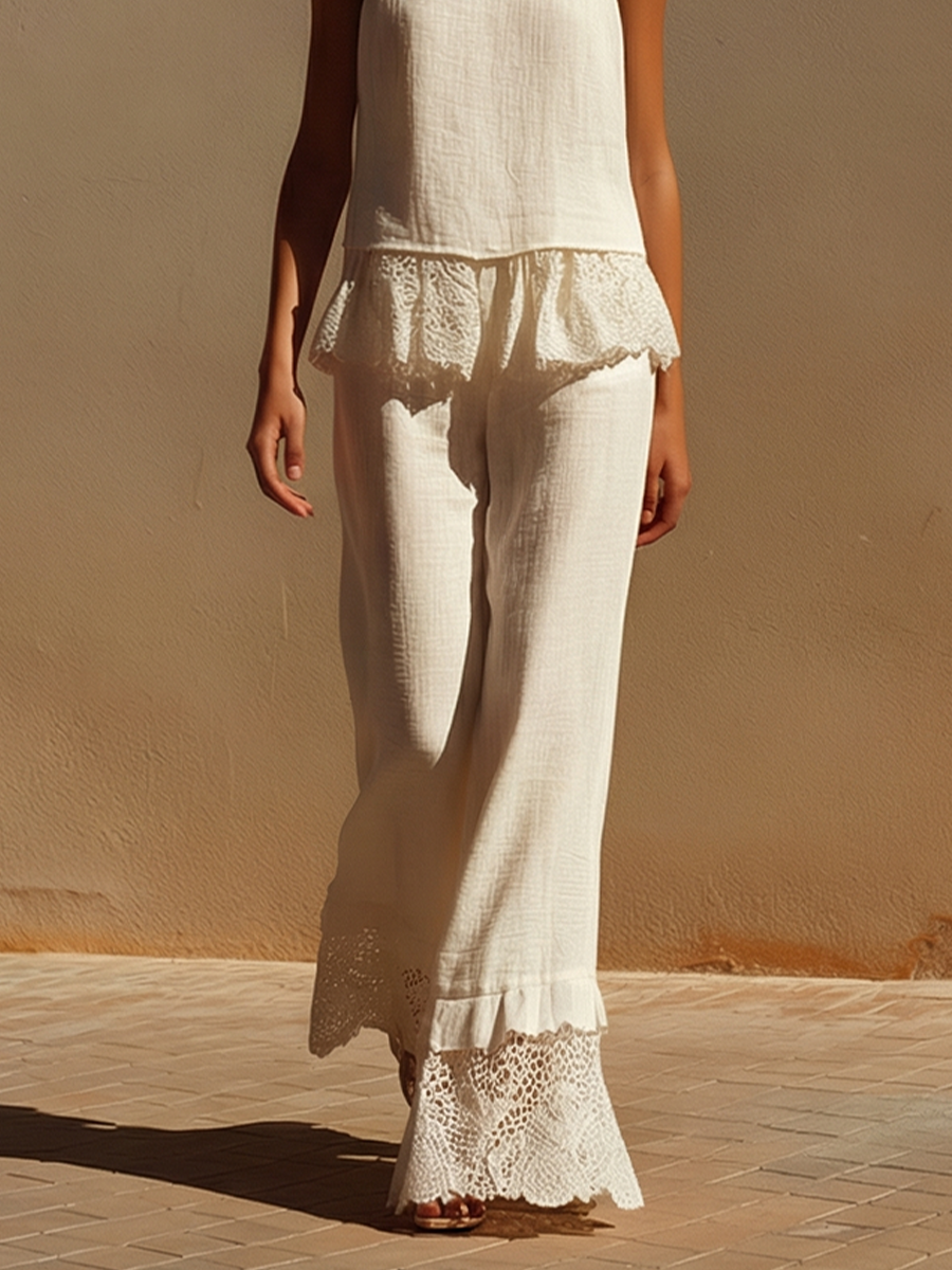 Women's Off-White Linen Two-Piece Set With High Neck Halter Top & Lace Trim Wide-Leg Pants, Timeless Boho-Resort Style Set