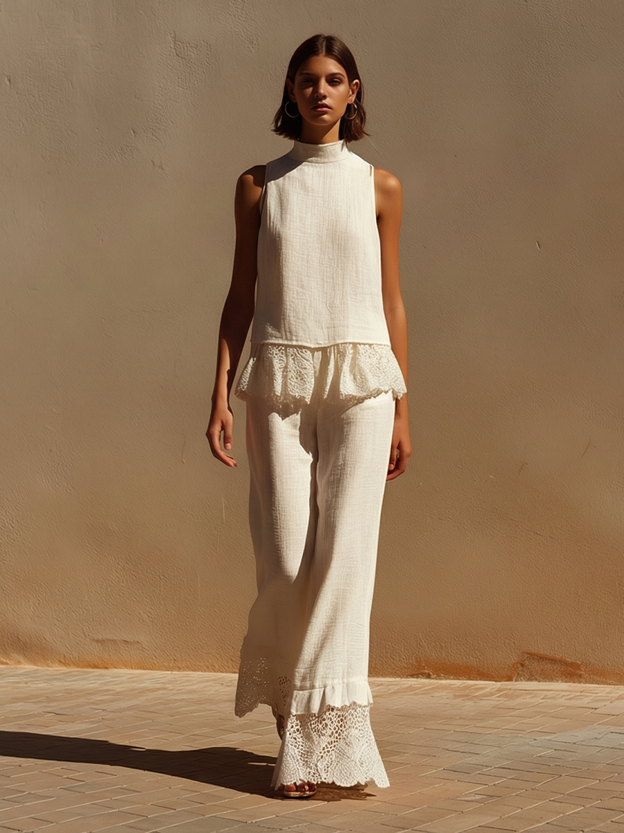 Women's Off-White Linen Two-Piece Set With High Neck Halter Top & Lace Trim Wide-Leg Pants, Timeless Boho-Resort Style Set