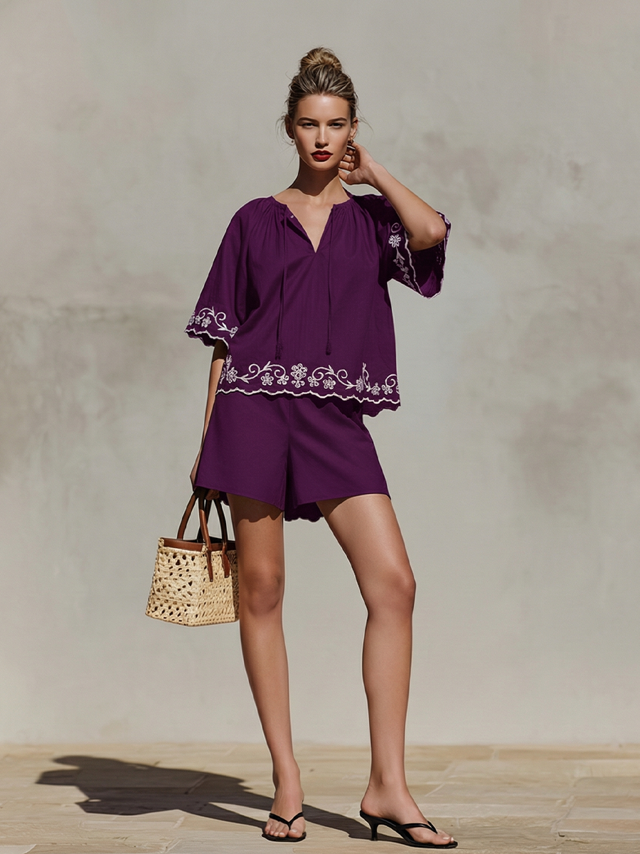 Women's Deep Purple Cotton Two-Piece Set With Embroidered Peasant Top & High-Waisted Shorts, Timeless Boho-Resort Style Set