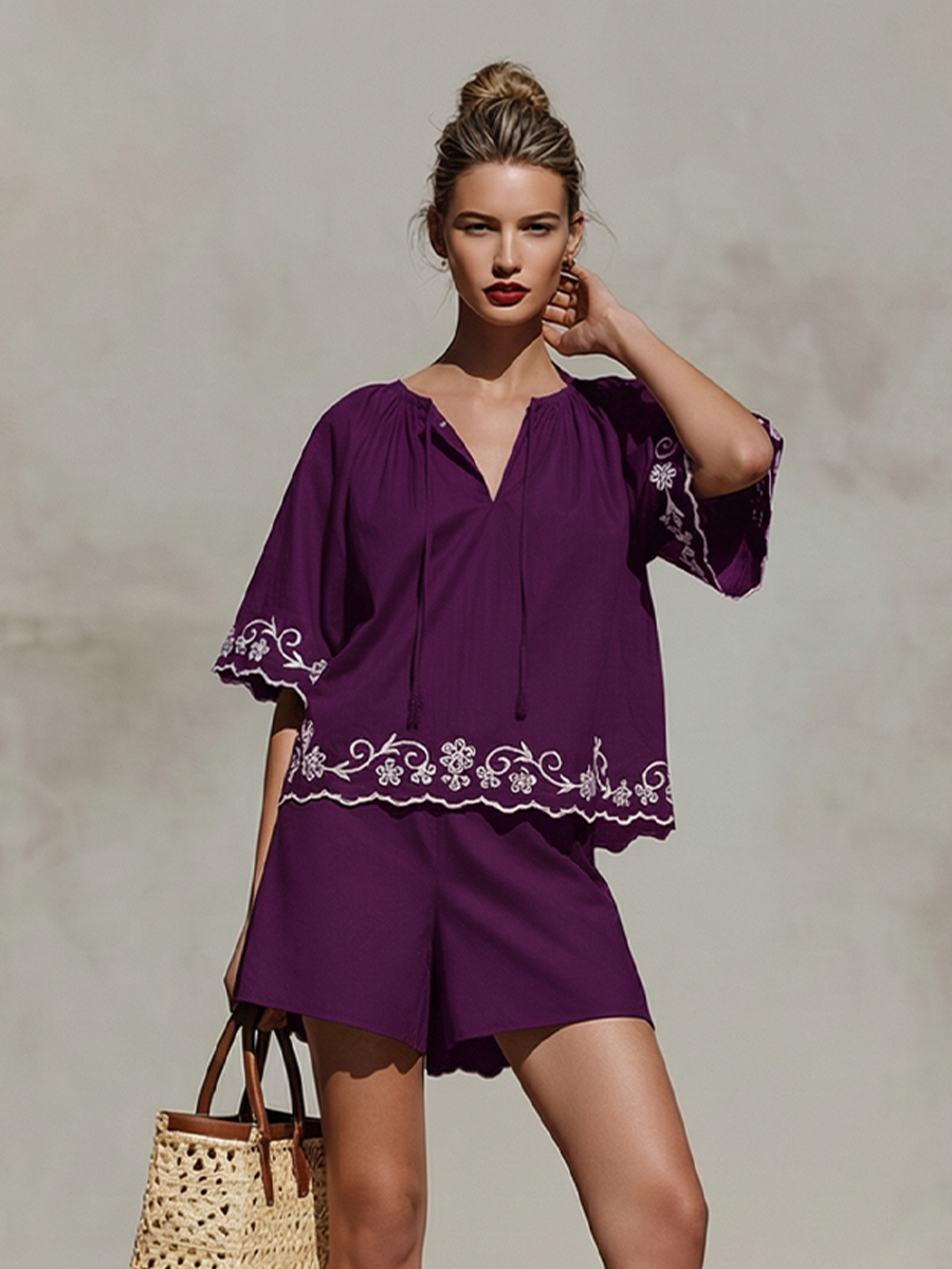 Women's Deep Purple Cotton Two-Piece Set With Embroidered Peasant Top & High-Waisted Shorts, Timeless Boho-Resort Style Set