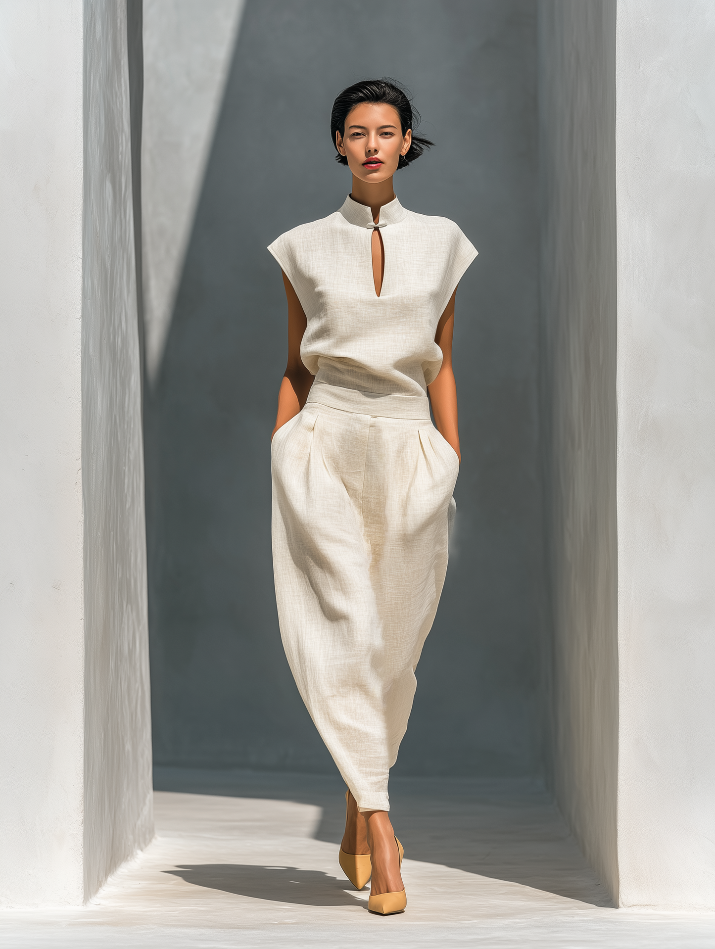Women’s Ivory Linen-Blend Mandarin Collar Keyhole Top & High-Waisted Barrel Leg Skirt Two-Piece Set