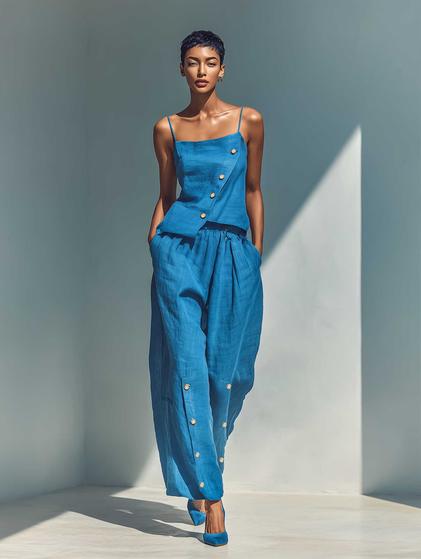 Women’s Blue Linen-Blend Spaghetti Strap Asymmetrical Button Top & High-Waisted Wide-Leg Pants Two-Piece Set