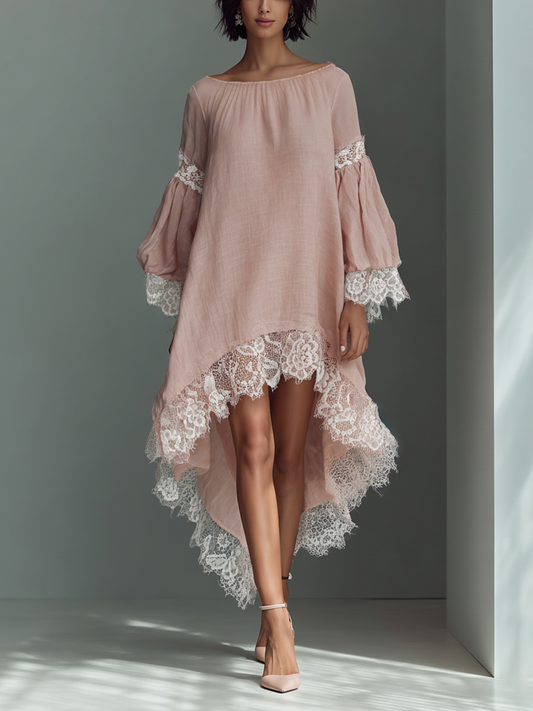 Women’s Blush Pink Linen-Blend Lace Trim Off-The-Shoulder High-Low Midi Dress