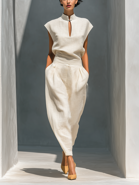 Women’s Ivory Linen-Blend Mandarin Collar Keyhole Top & High-Waisted Barrel Leg Skirt Two-Piece Set