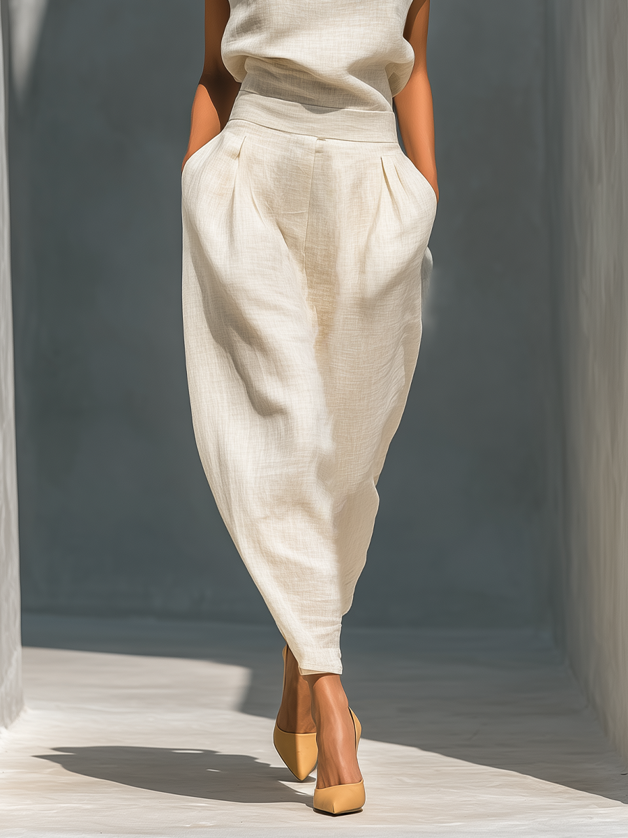 Women’s Ivory Linen-Blend Mandarin Collar Keyhole Top & High-Waisted Barrel Leg Skirt Two-Piece Set
