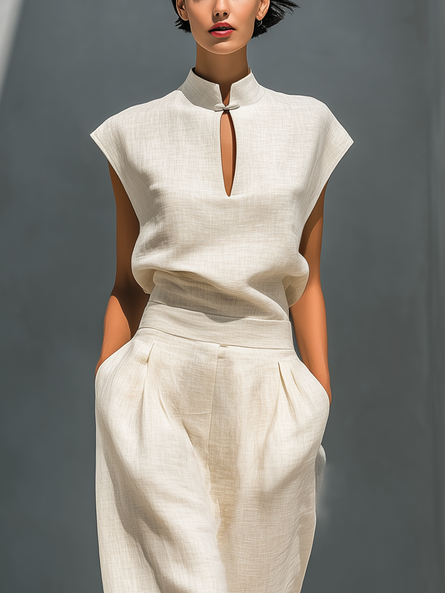 Women’s Ivory Linen-Blend Mandarin Collar Keyhole Top & High-Waisted Barrel Leg Skirt Two-Piece Set