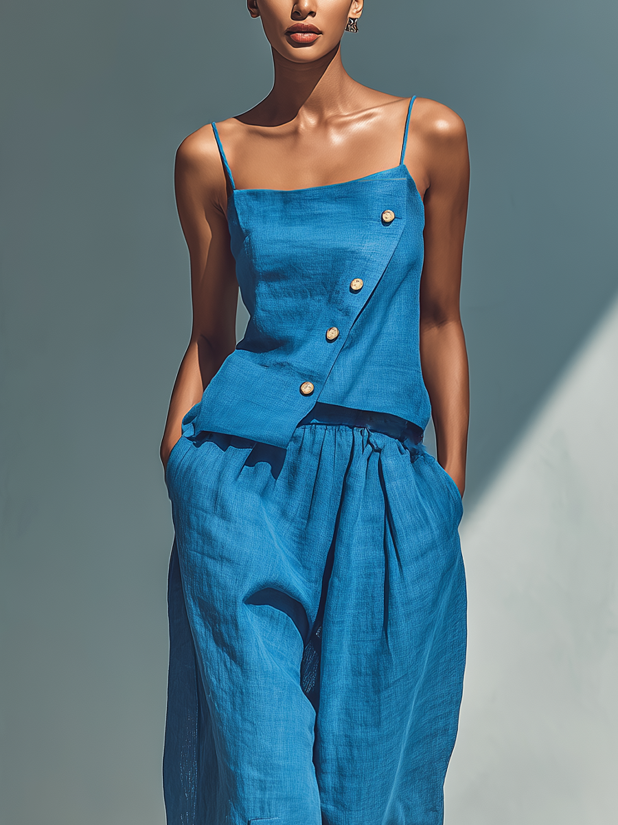 Women’s Blue Linen-Blend Spaghetti Strap Asymmetrical Button Top & High-Waisted Wide-Leg Pants Two-Piece Set