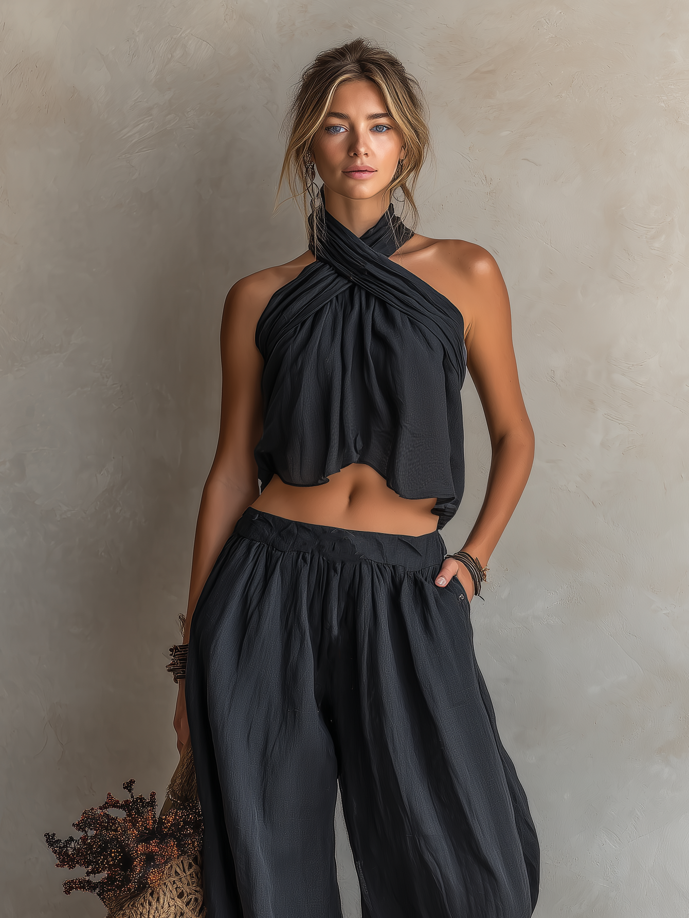 Women's Casual Black Cotton-Linen Halter-Neck Sleeveless Top With Trousers
