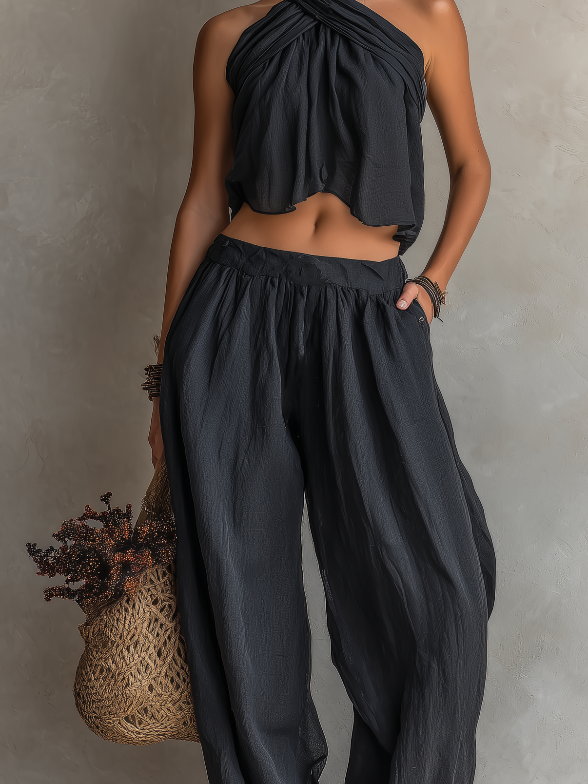 Women's Casual Black Cotton-Linen Halter-Neck Sleeveless Top With Trousers