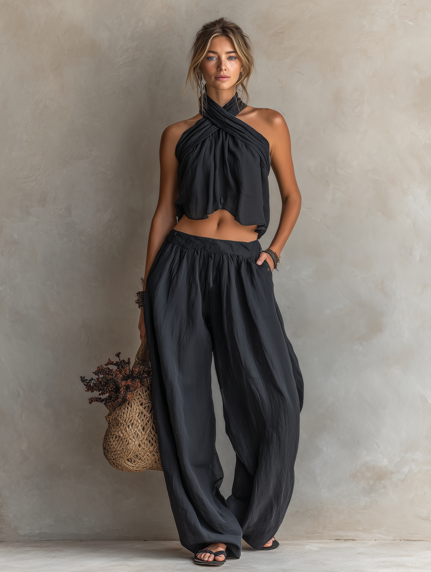Women's Casual Black Cotton-Linen Halter-Neck Sleeveless Top With Trousers