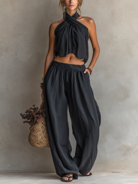 Women's Casual Black Cotton-Linen Halter-Neck Sleeveless Top With Trousers