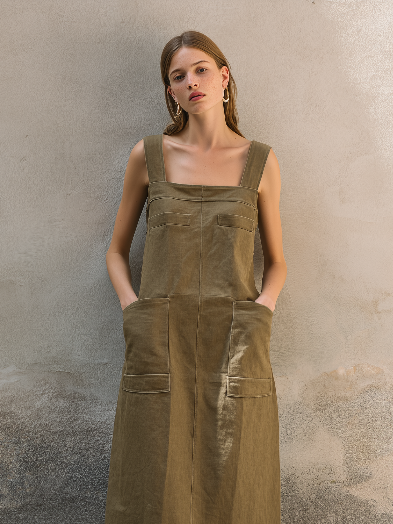 Women's Casual Army Green Cotton-Linen Midi Dress — Square Neck, Sleeveless, Loose Fit