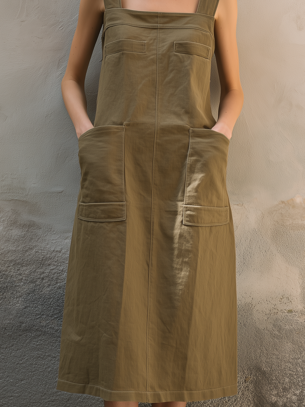 Women's Casual Army Green Cotton-Linen Midi Dress — Square Neck, Sleeveless, Loose Fit