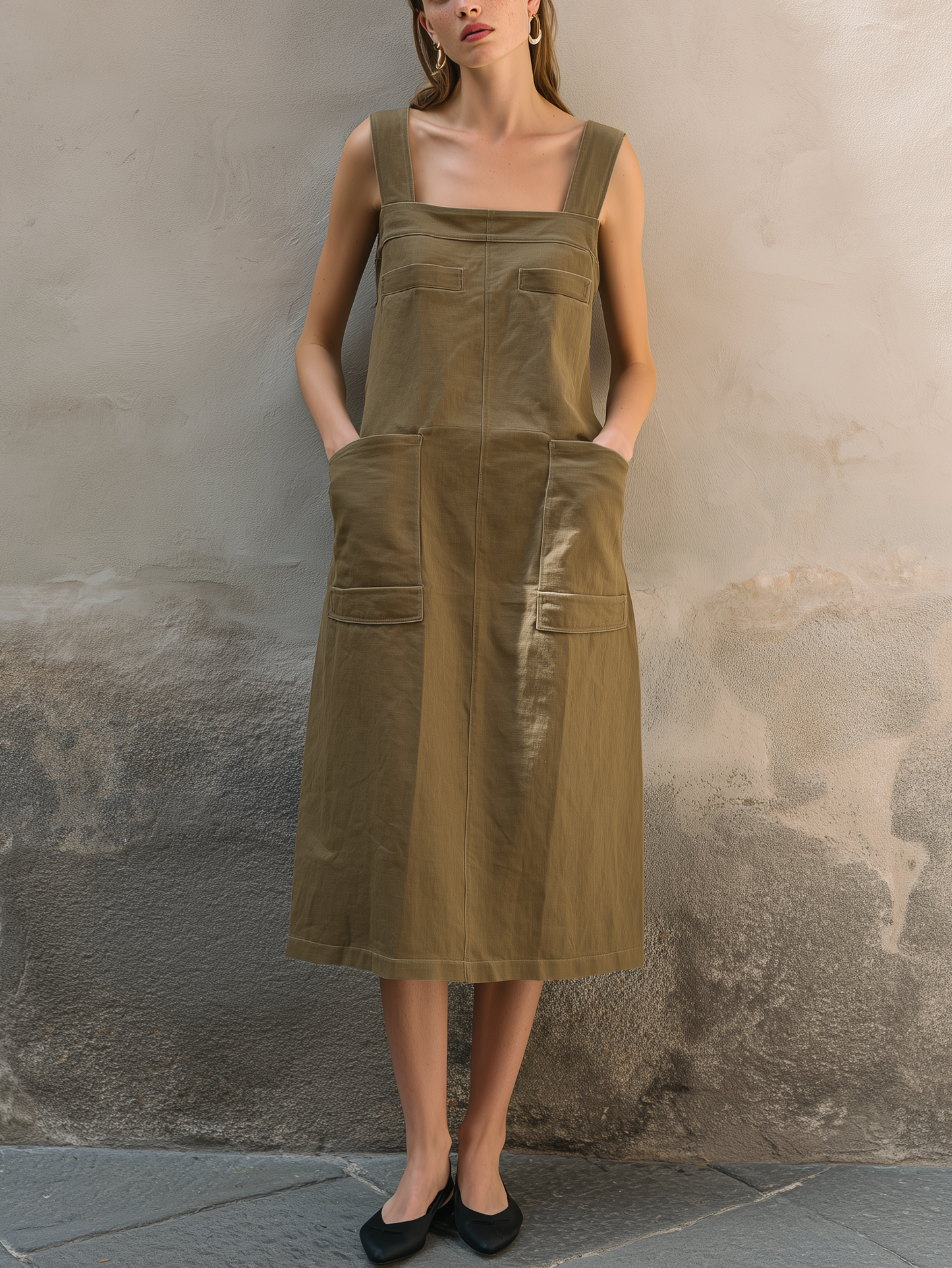 Women's Casual Army Green Cotton-Linen Midi Dress — Square Neck, Sleeveless, Loose Fit