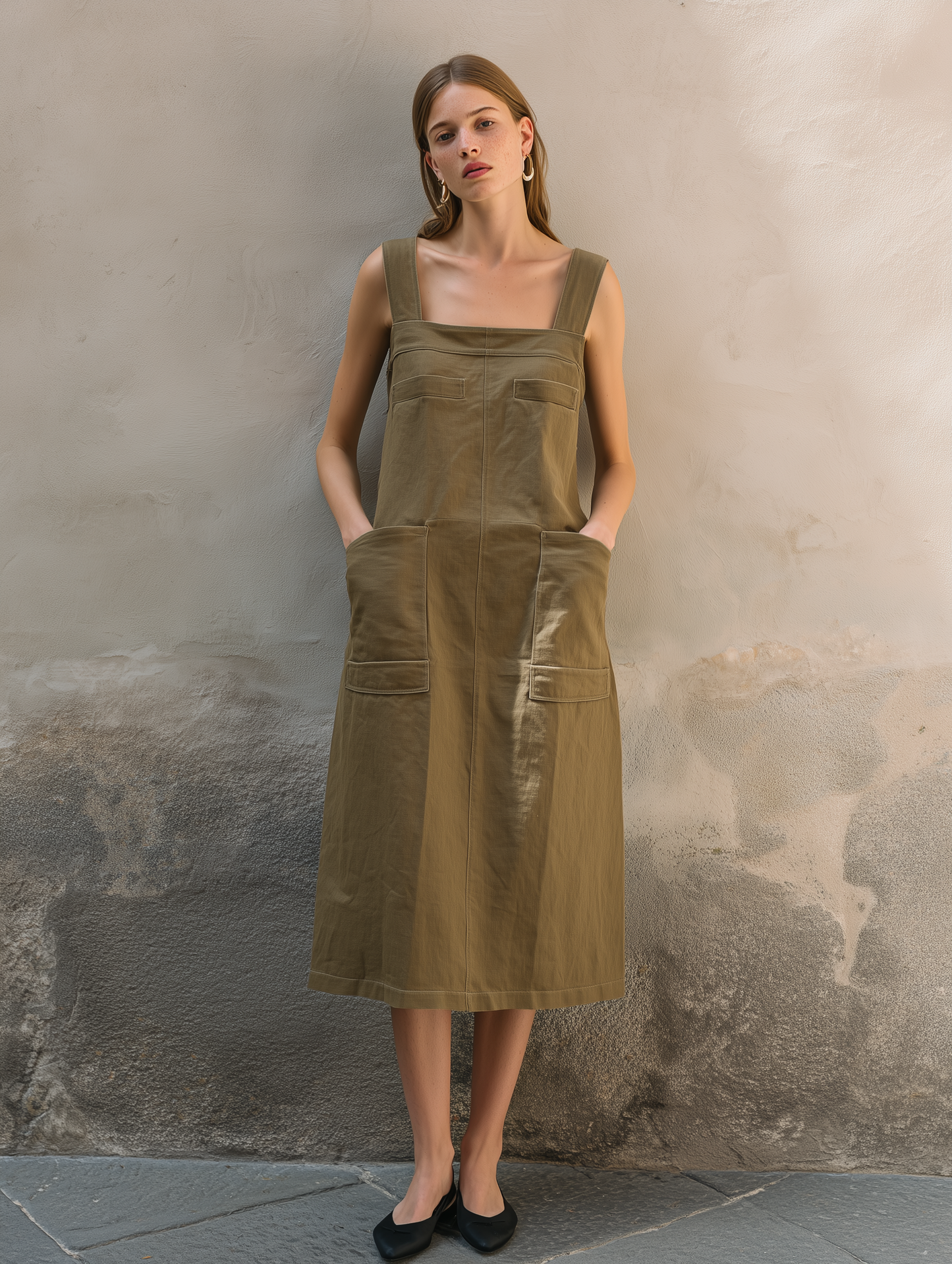 Women's Casual Army Green Cotton-Linen Midi Dress — Square Neck, Sleeveless, Loose Fit