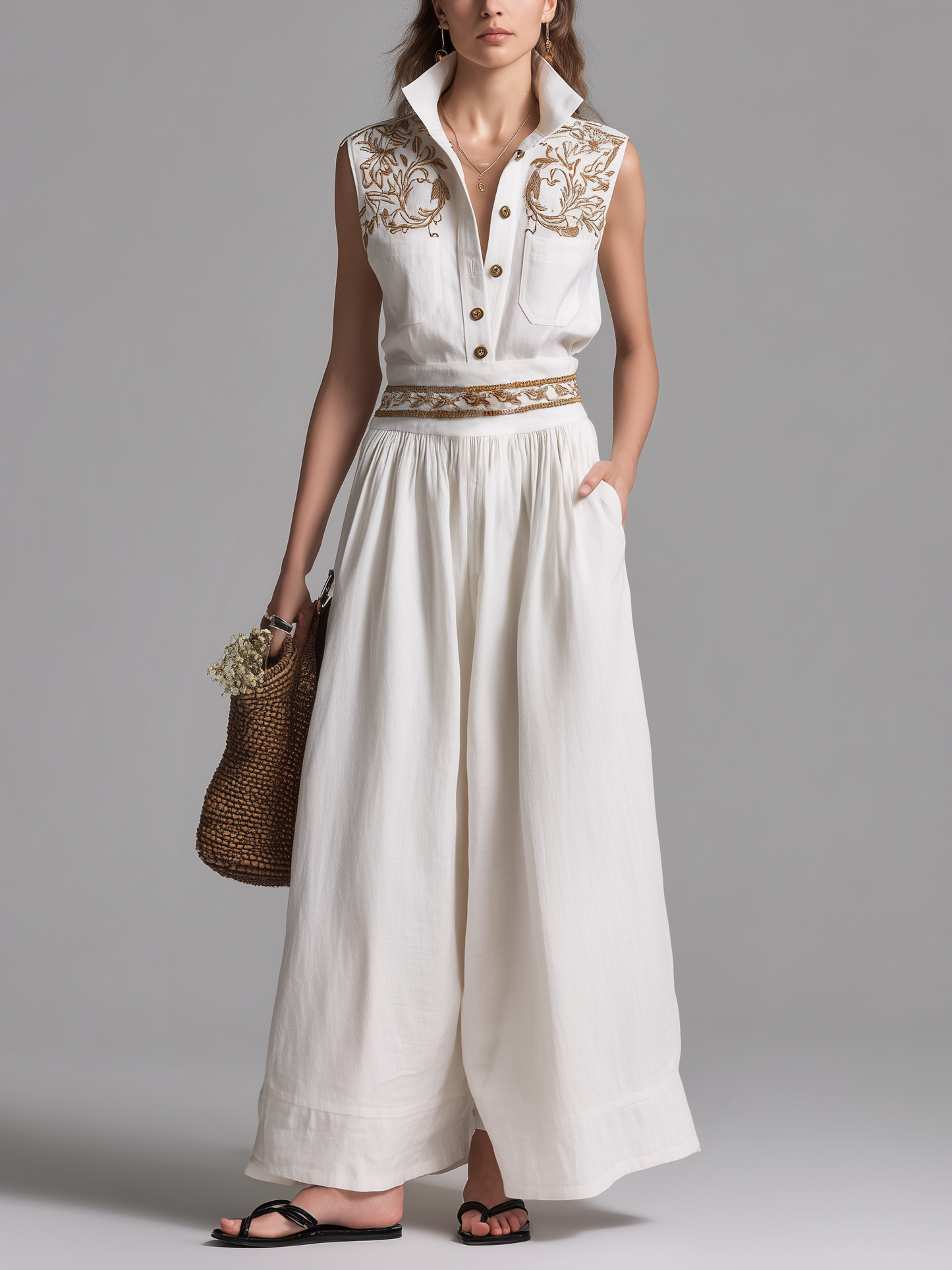 Women's Elegant White Embroidered Cotton-Linen Jumpsuit — Collared & Sleeveless