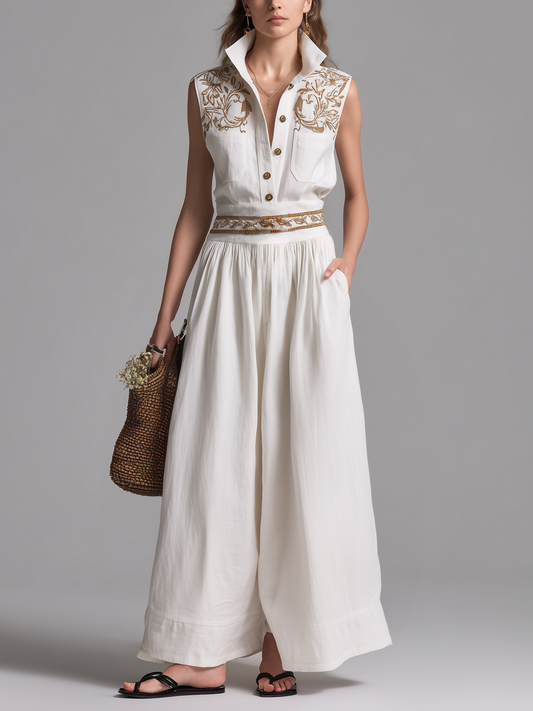 Women's Elegant White Embroidered Cotton-Linen Jumpsuit — Collared & Sleeveless