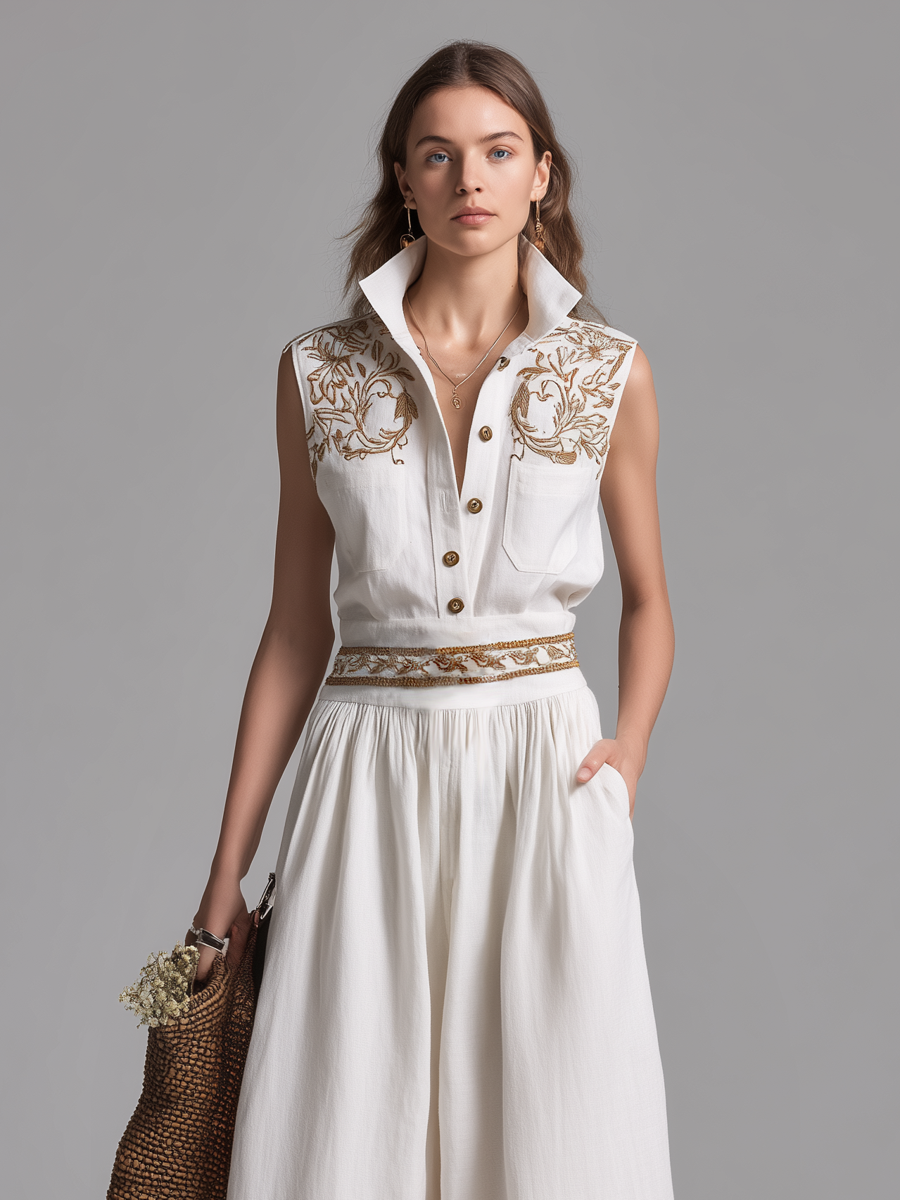 Women's Elegant White Embroidered Cotton-Linen Jumpsuit — Collared & Sleeveless