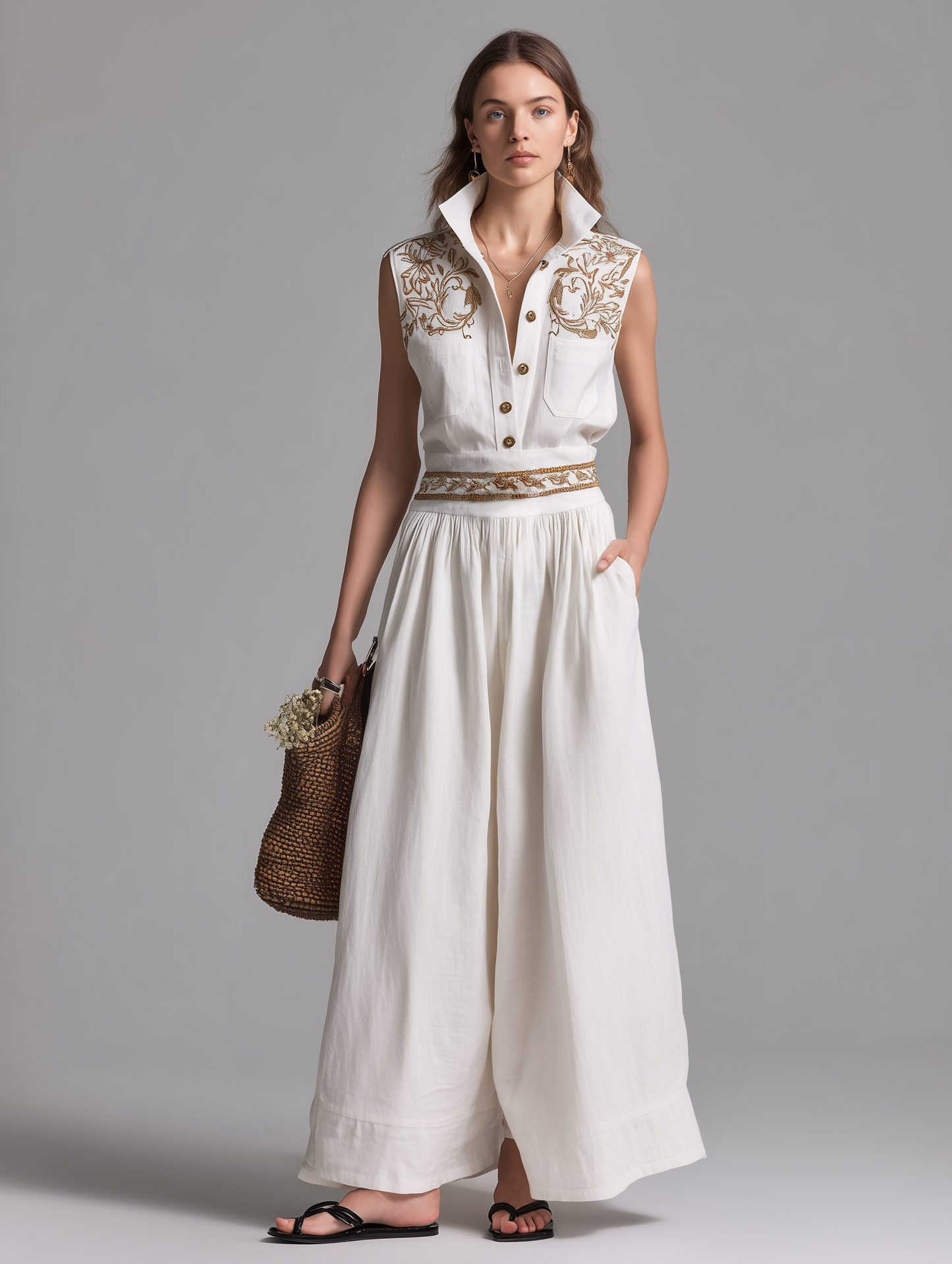 Women's Elegant White Embroidered Cotton-Linen Jumpsuit — Collared & Sleeveless