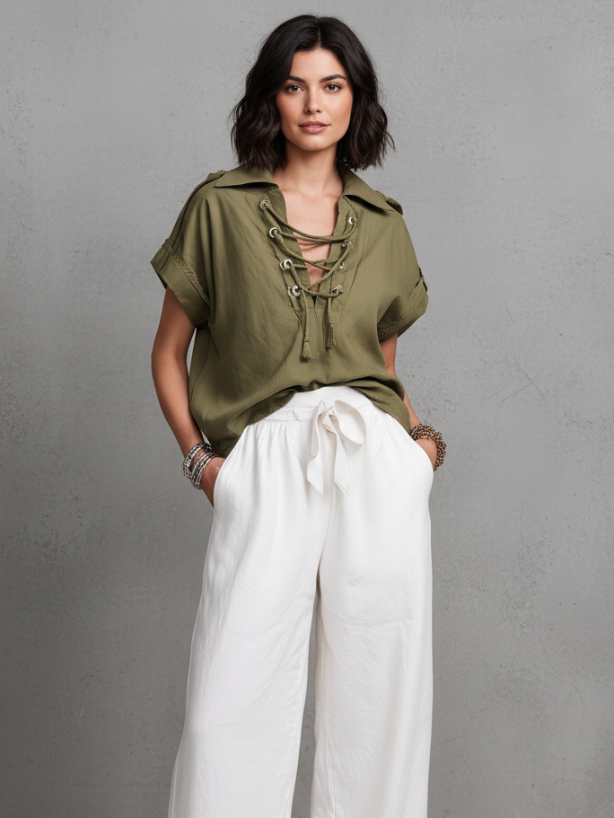 Women's Casual Green Short-Sleeve Cotton-Linen Shirt Paired With White Trousers