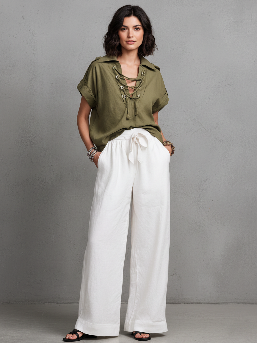 Women's Casual Green Short-Sleeve Cotton-Linen Shirt Paired With White Trousers