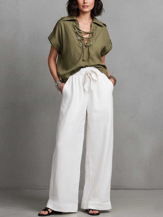 Women's Casual Green Short-Sleeve Cotton-Linen Shirt Paired With White Trousers