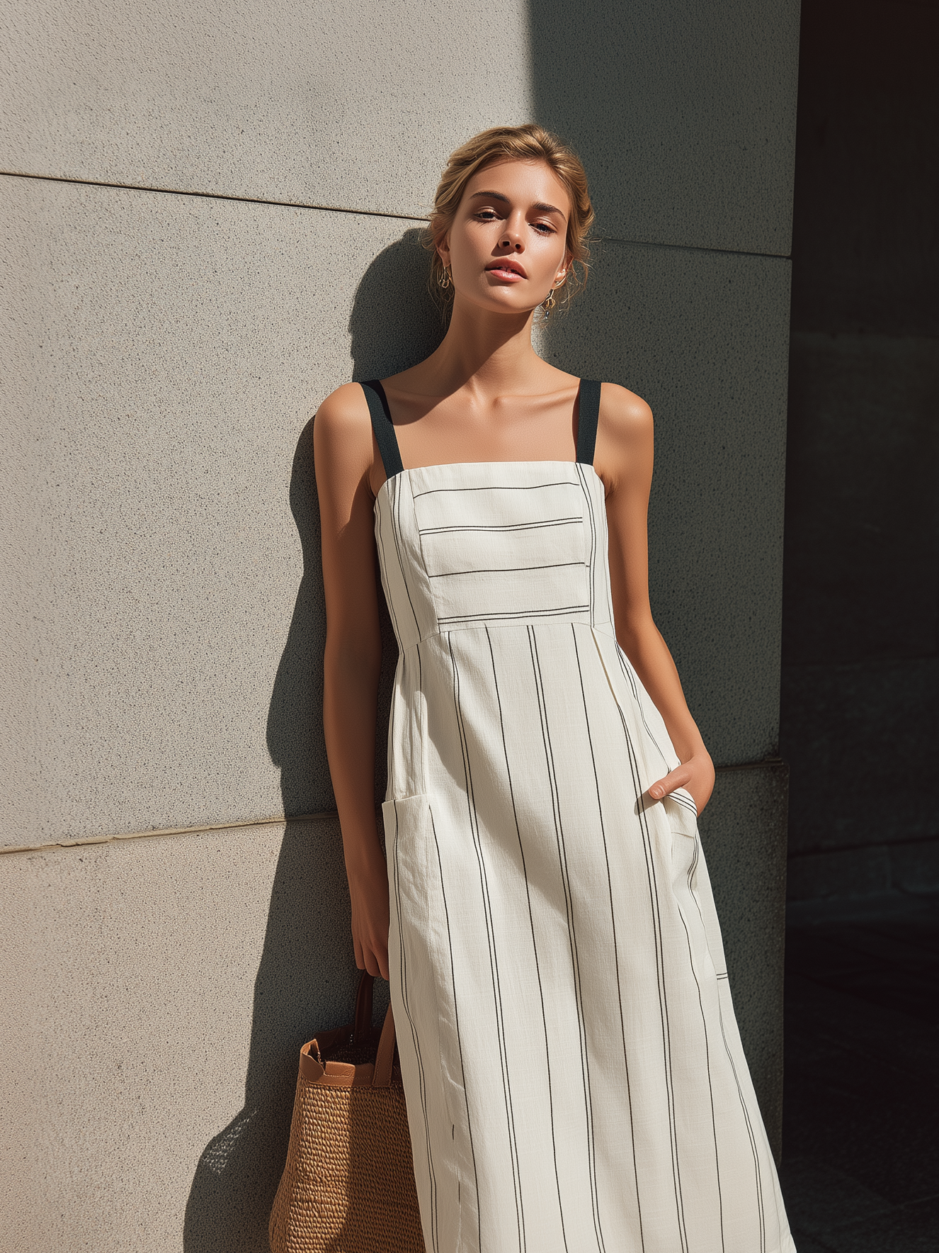 Women's Elegant White Striped Cotton-Linen Midi Dress — Square Neck, Sleeveless