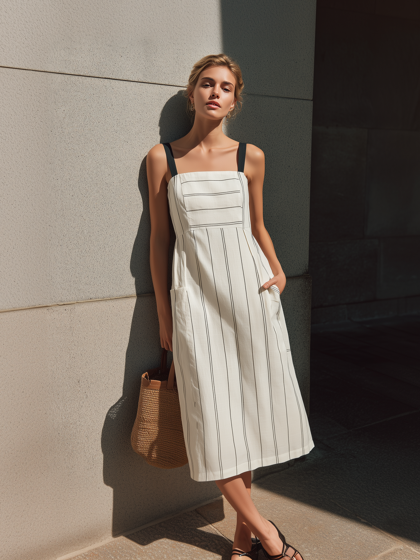 Women's Elegant White Striped Cotton-Linen Midi Dress — Square Neck, Sleeveless