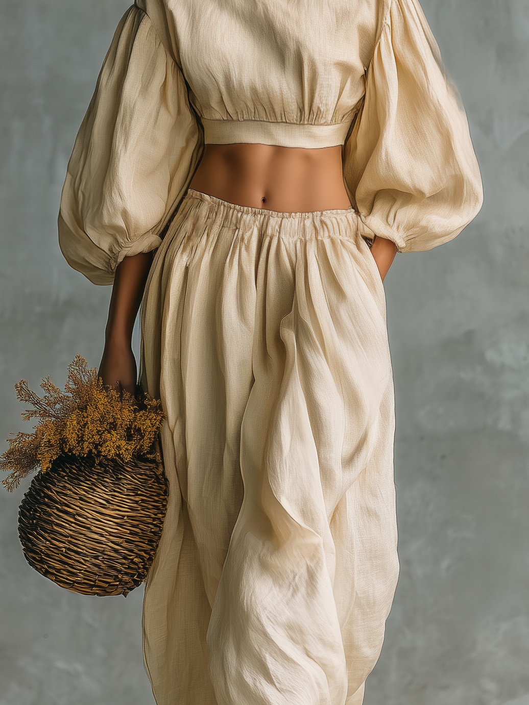 Women's Casual Beige Cotton-Linen Set: Crew-Neck Long-Sleeve Top And Trousers