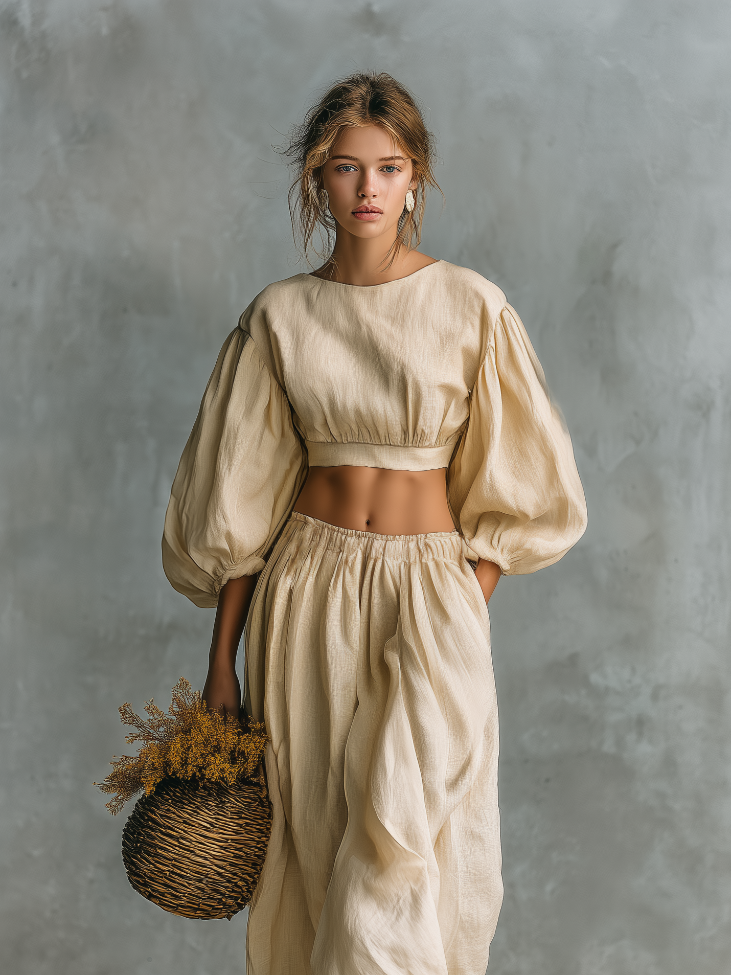 Women's Casual Beige Cotton-Linen Set: Crew-Neck Long-Sleeve Top And Trousers