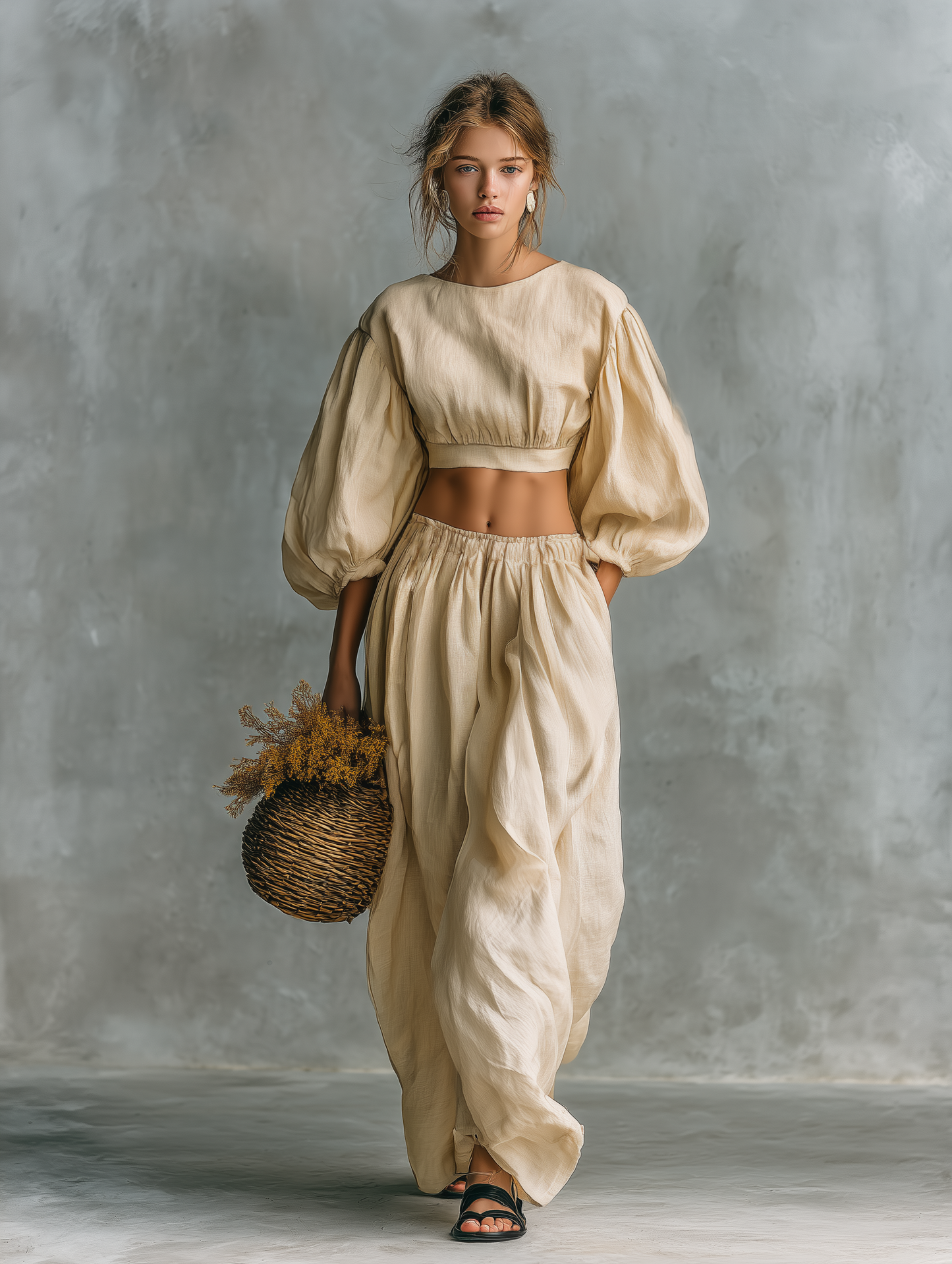 Women's Casual Beige Cotton-Linen Set: Crew-Neck Long-Sleeve Top And Trousers