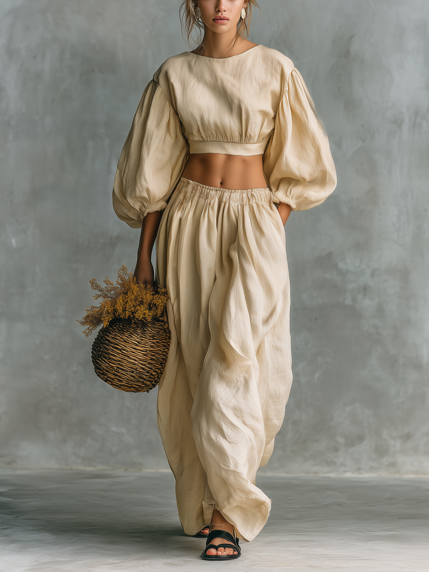 Women's Casual Beige Cotton-Linen Set: Crew-Neck Long-Sleeve Top And Trousers