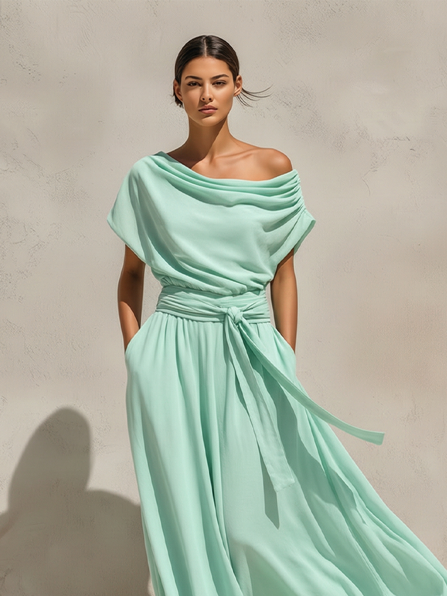 Women's Mint Green Chiffon Maxi Dress With Off-the-Shoulder Draped Neck & Belted Waist, Timeless Romantic-Resort Style Dress