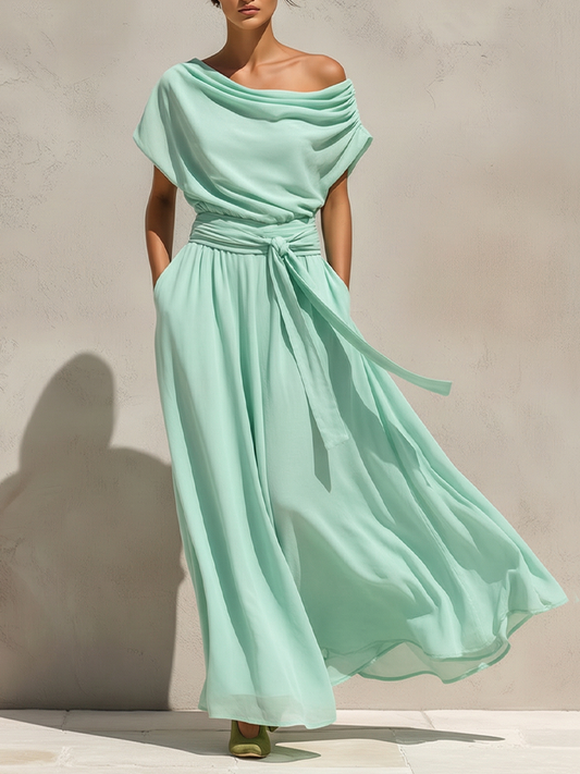 Women's Mint Green Chiffon Maxi Dress With Off-the-Shoulder Draped Neck & Belted Waist, Timeless Romantic-Resort Style Dress