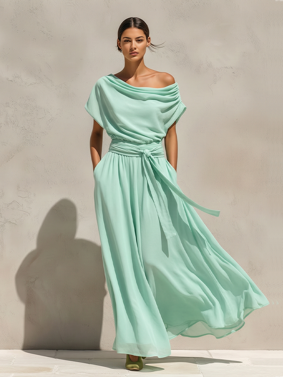 Women's Mint Green Chiffon Maxi Dress With Off-the-Shoulder Draped Neck & Belted Waist, Timeless Romantic-Resort Style Dress