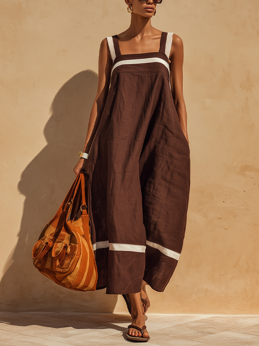 Women’s Chocolate Brown Linen-Blend Square Neck Contrast Stripe Sleeveless Maxi Dress
