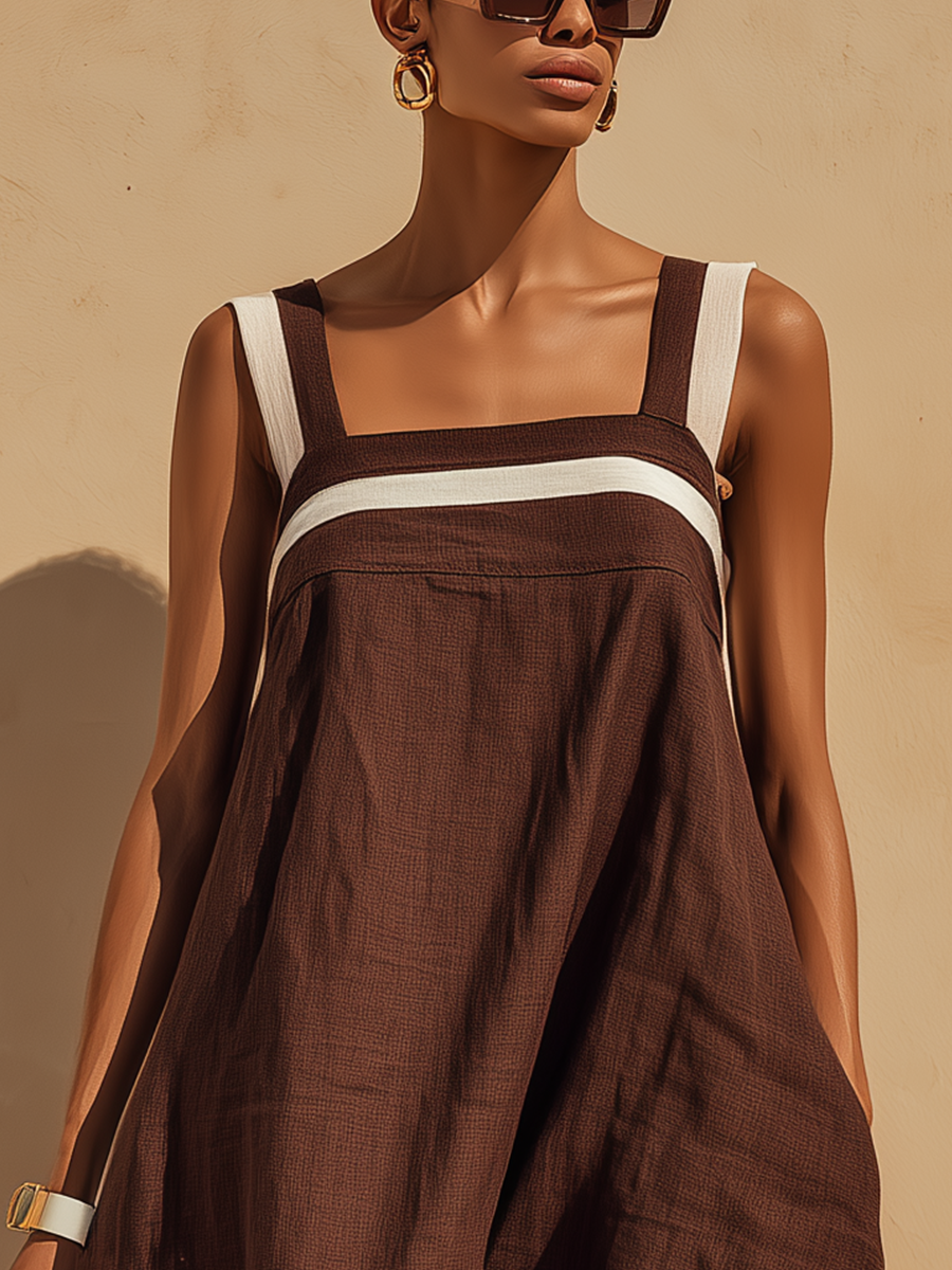 Women’s Chocolate Brown Linen-Blend Square Neck Contrast Stripe Sleeveless Maxi Dress