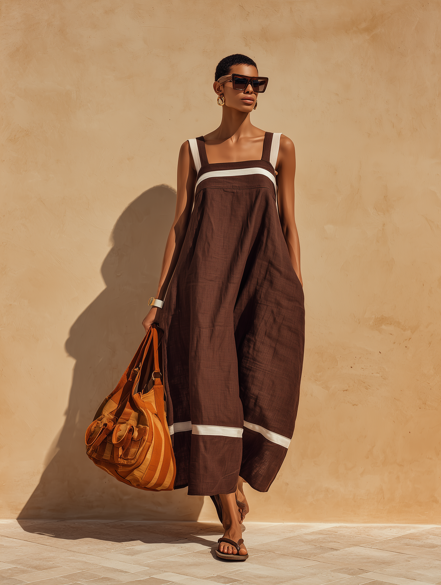 Women’s Chocolate Brown Linen-Blend Square Neck Contrast Stripe Sleeveless Maxi Dress