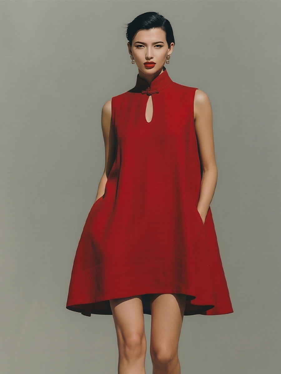 Women's Red Lightweight Linen Dress With Keyhole Neck & Flared Hem, Contemporary Effortless-Casual Style Dress