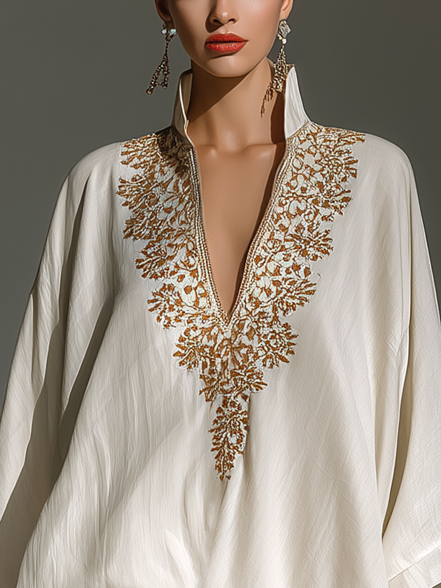 Women’s Ivory White Cotton-Blend Set: Gold Embroidered Mandarin Collar Top & Mini Skirt