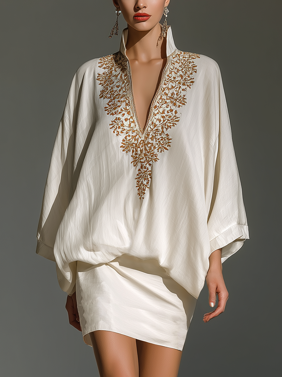 Women’s Ivory White Cotton-Blend Set: Gold Embroidered Mandarin Collar Top & Mini Skirt