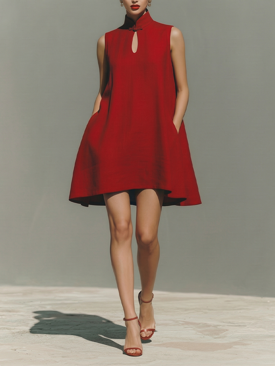 Women's Red Lightweight Linen Dress With Keyhole Neck & Flared Hem, Contemporary Effortless-Casual Style Dress