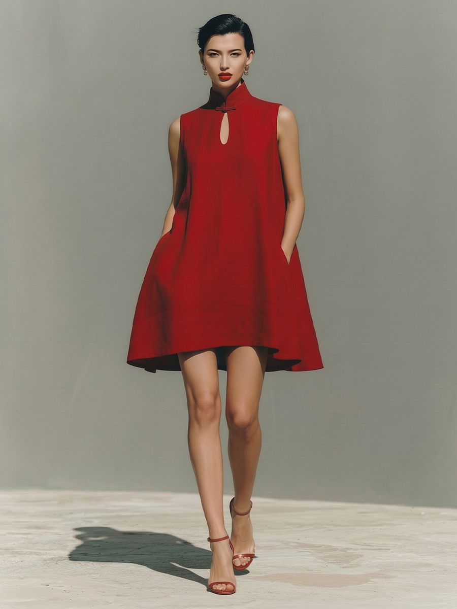 Women's Red Lightweight Linen Dress With Keyhole Neck & Flared Hem, Contemporary Effortless-Casual Style Dress