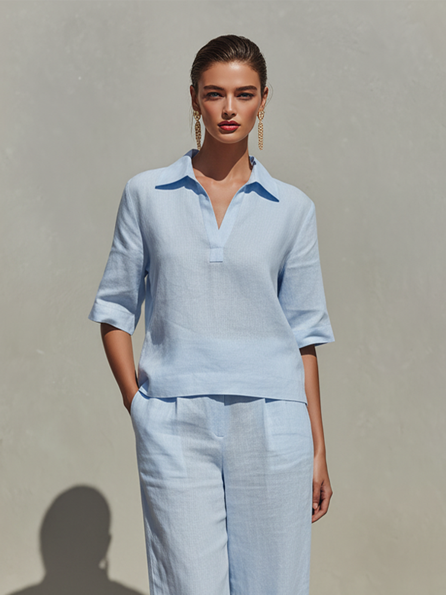 Women's Sky Blue Linen Two-Piece Set With Collared V-Neck Top & High-Waisted Wide-Leg Pants, Timeless Minimalist-Resort Style Set