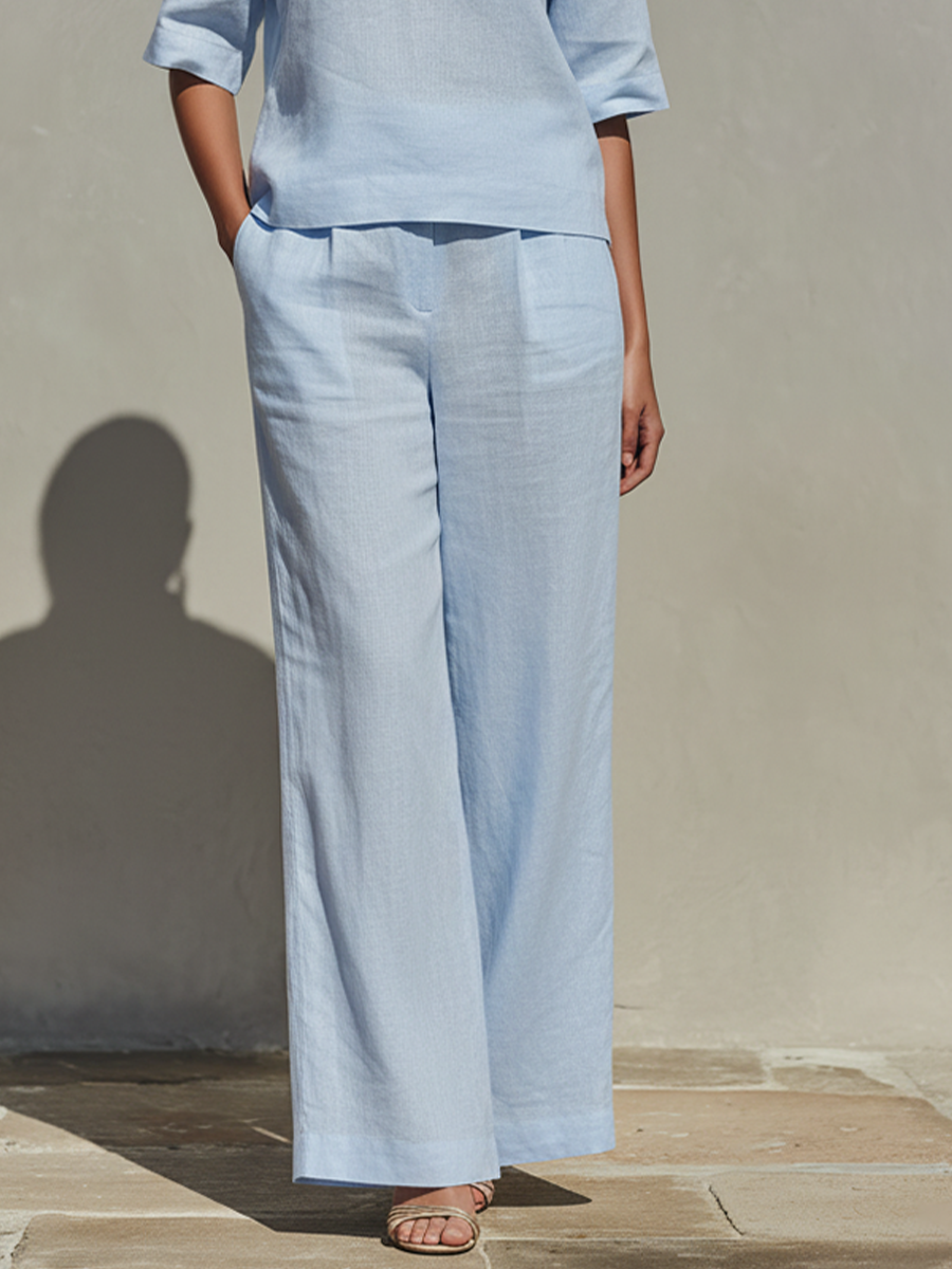Women's Sky Blue Linen Two-Piece Set With Collared V-Neck Top & High-Waisted Wide-Leg Pants, Timeless Minimalist-Resort Style Set